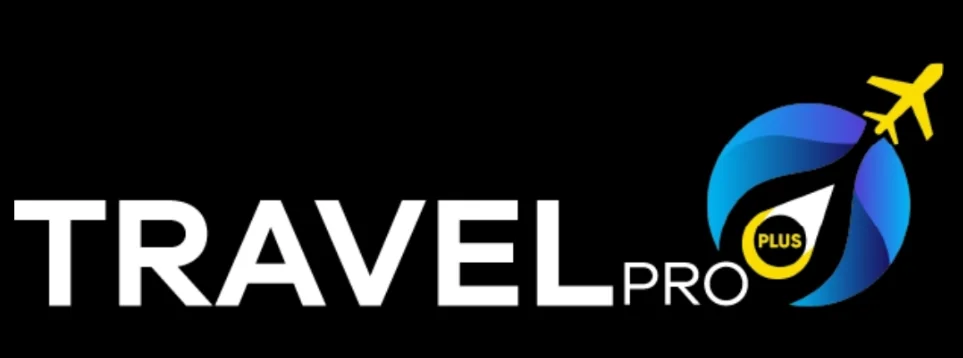 Official TravelPro Plus logo with white text, blue and yellow airplane icon on black background