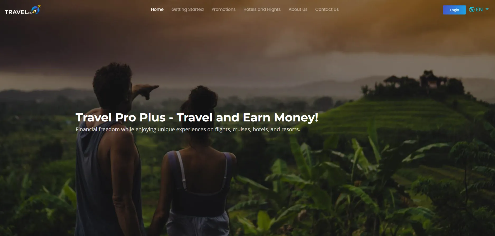 Screenshot of TravelPro Plus website homepage showing travel and earn money slogan with scenic background