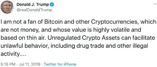 Screenshot of Donald Trump's tweet on Bitcoin, cryptocurrencies, and their potential for unlawful activities