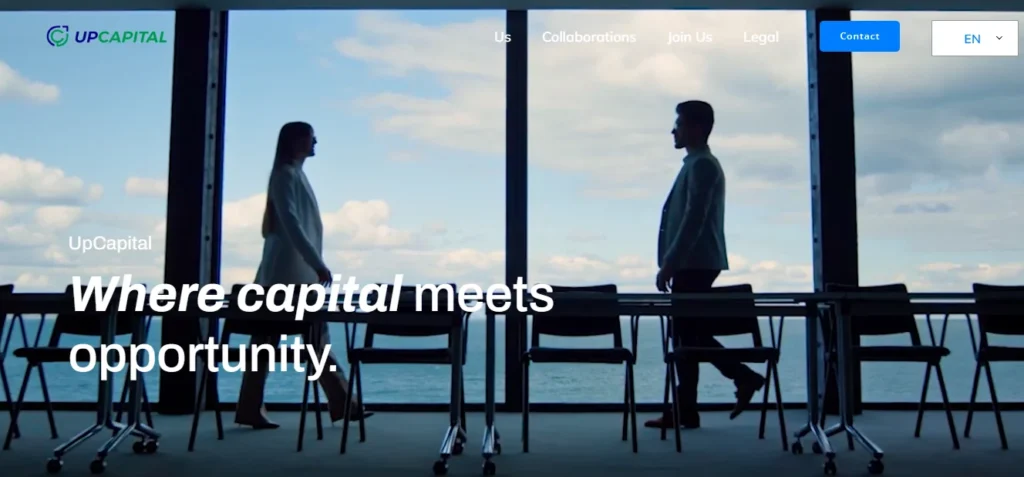 UpCapital website showcasing the tagline "Where capital meets opportunity" with a business setting.
