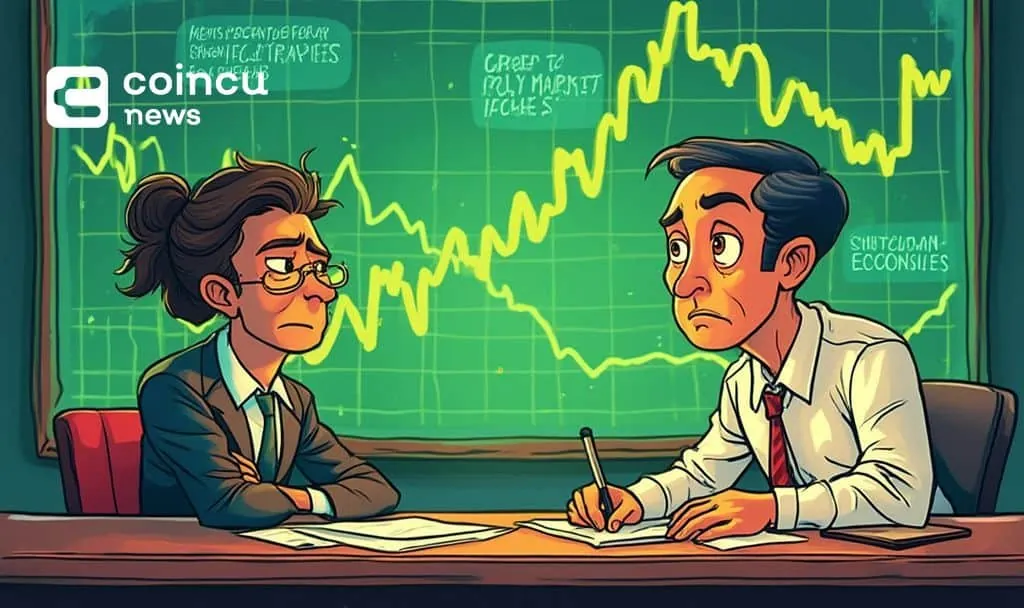 Illustration of financial analysts discussing U.S. government shutdown risk with market charts in the background