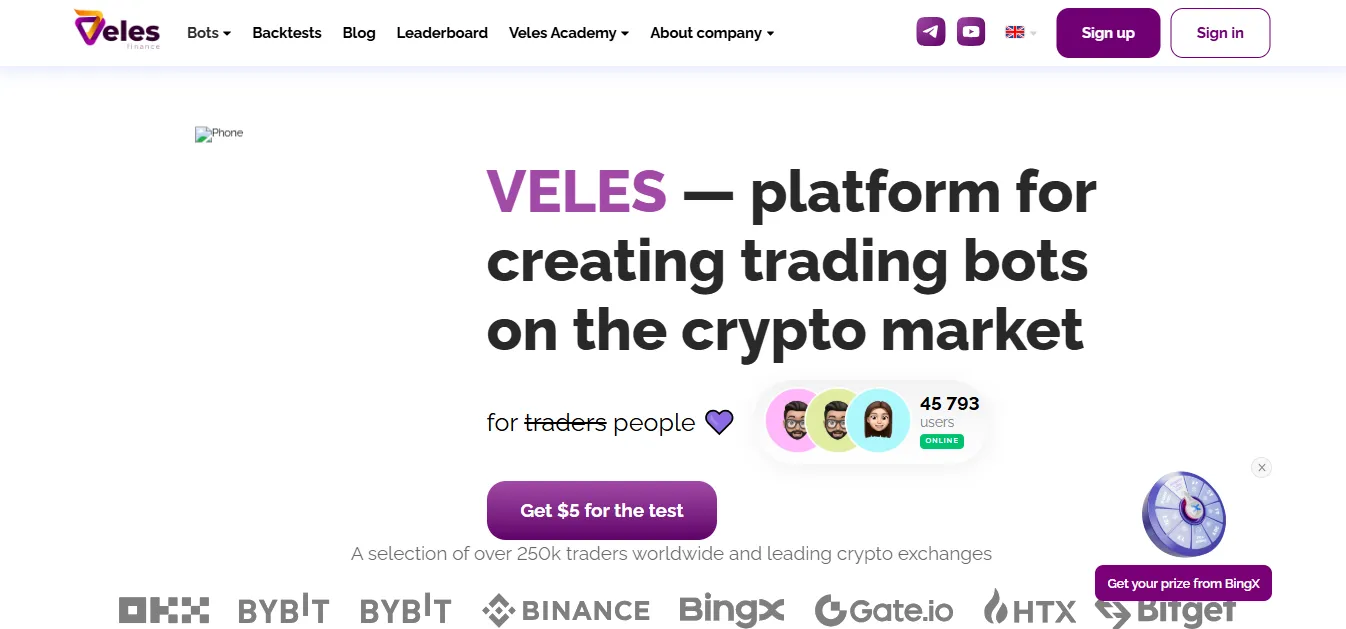 Homepage screenshot of Veles platform promoting trading bots for the crypto market with user count and supported exchanges