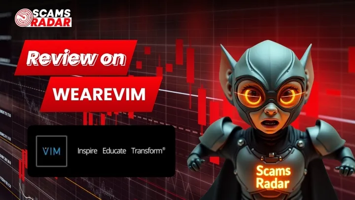 Scams Radar review on WeAreVIM platform with futuristic character and logo