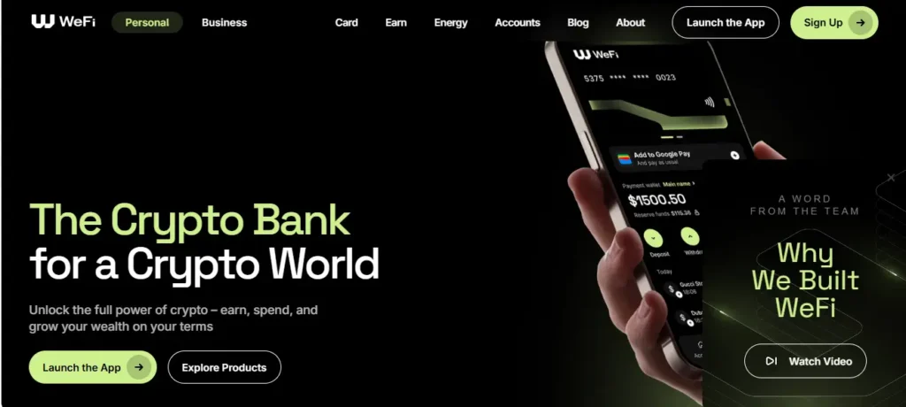 WeFi crypto bank platform showing mobile app and features