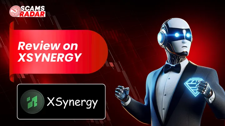 Scams Radar review on Xsynergy with futuristic AI robot and logo