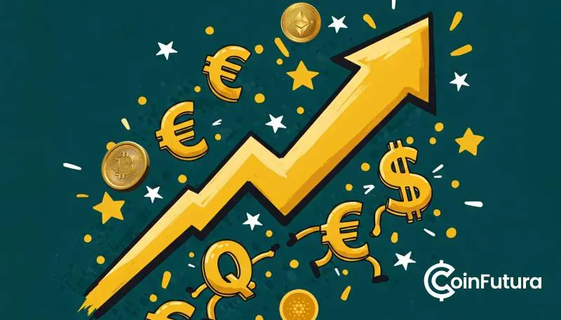 Dogecoin nears breakout as crypto market rises with golden upward arrow and currency symbols.