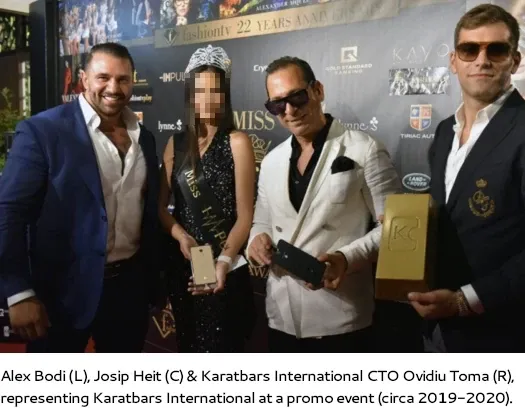 Josip Heit with Alex Bodi and Ovidiu Toma representing Karatbars International at a promo event