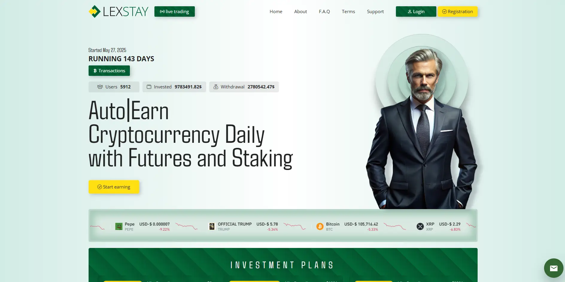 LexStay cryptocurrency platform homepage showing automated crypto earning and staking plans