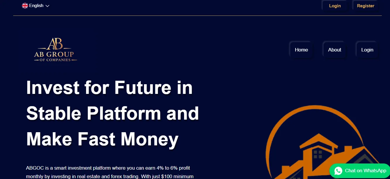 Screenshot of AB Group of Companies website claiming 4% to 6% monthly profit from real estate and forex investments