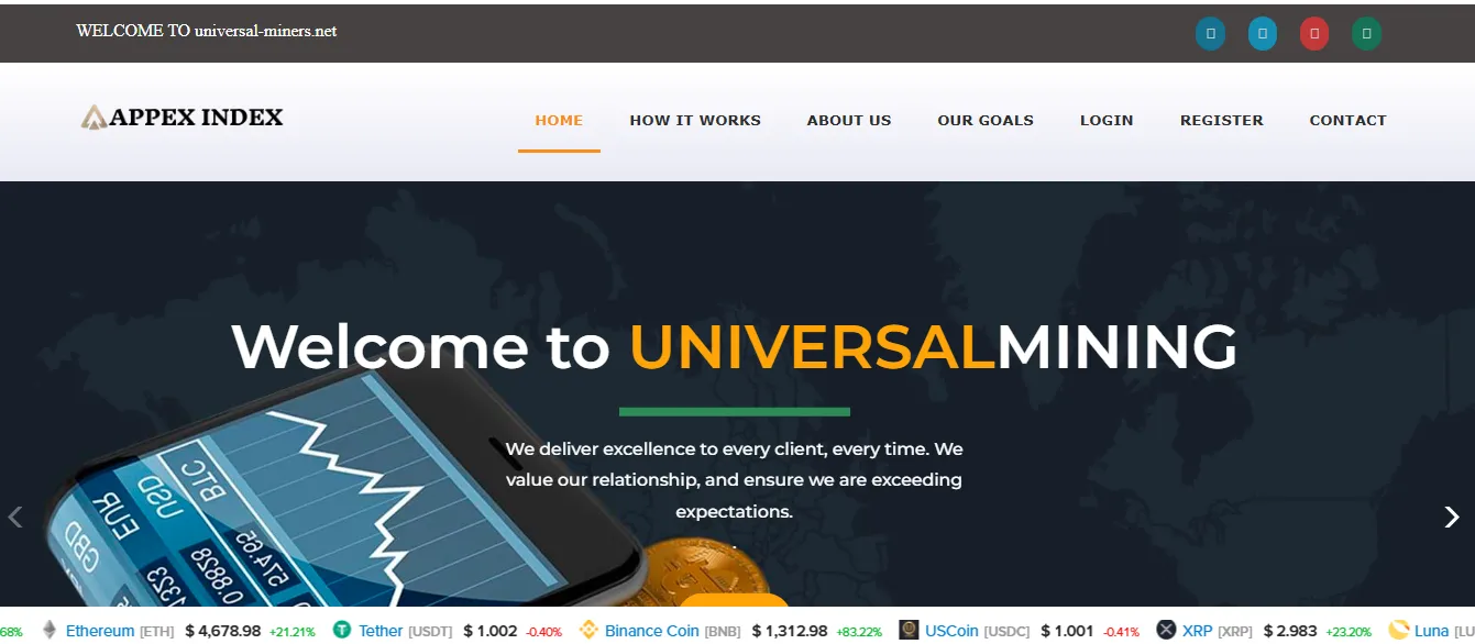 Screenshot of Appex Index website showing Universal Mining welcome page and navigation menu