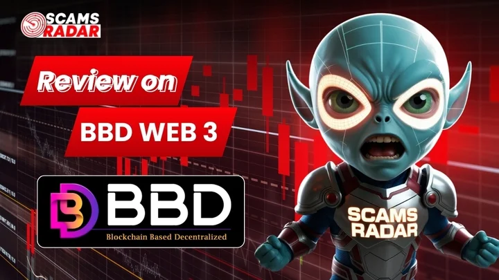 Scams Radar review on BBD Web 3 Blockchain Based Decentralized platform with futuristic character and red background