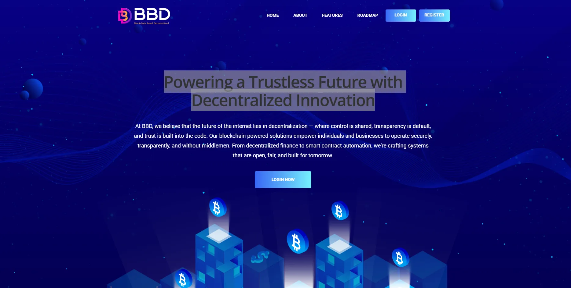 Screenshot of BBD Web3 homepage showing decentralized innovation message and blockchain-powered features