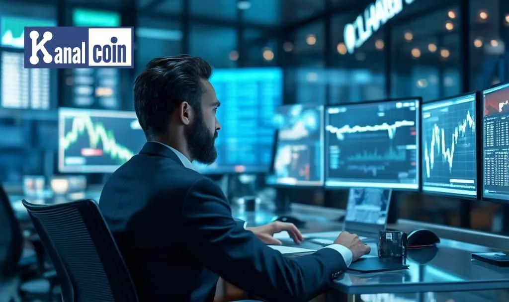 Trader analyzing cryptocurrency price charts on multiple monitors representing Binance collateral ratio updates and market adjustments.