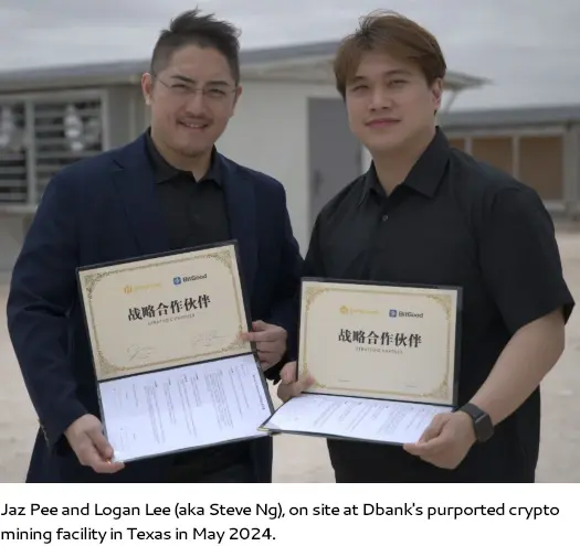 BitHarvest representatives holding partnership certificates at a crypto mining facility in Texas