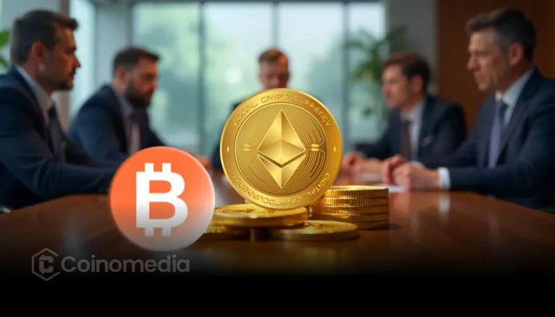 BitMine acquires $1B Ethereum, boosting its crypto treasury to $11B with Bitcoin and Ethereum coins shown in a business meeting setting