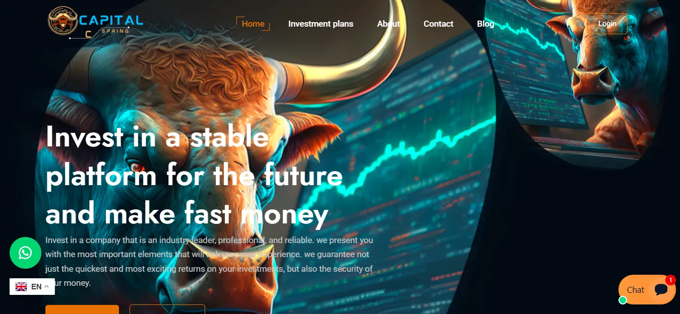 Capital Spring investment platform homepage showing bullish trading graphics and ROI promises