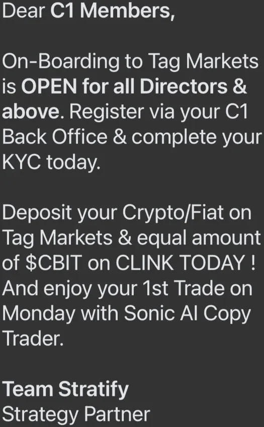 Crowd1 members onboarding notice to Tag Markets urging crypto deposits linked to scam scheme