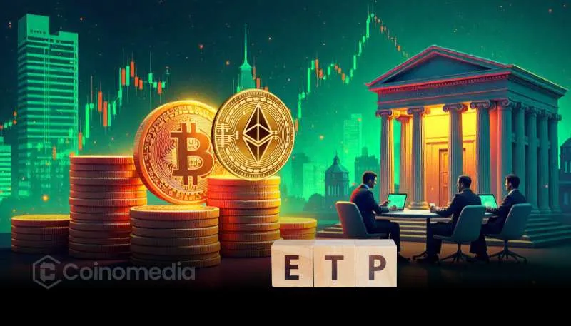 Bitcoin and Ethereum coins with financial analysts discussing crypto ETP growth toward 200 applications by 2025.