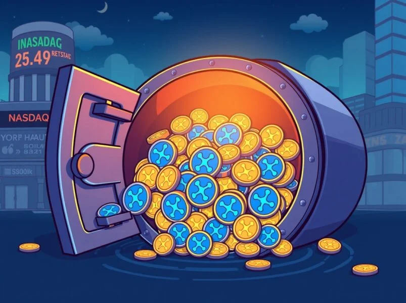 Digital illustration of a vault overflowing with blue and gold cryptocurrency coins in a futuristic city background