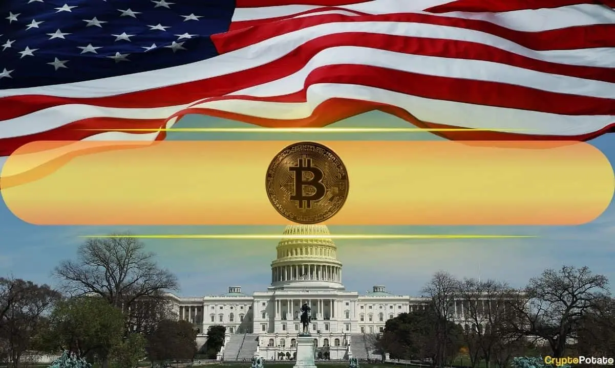 Bitcoin symbol over U.S. Capitol and flag, representing CPI report’s impact on crypto markets