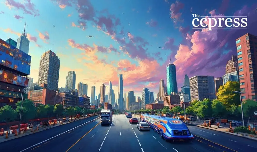 Futuristic city skyline with highways and modern vehicles, symbolizing dYdX’s U.S. market entry and Solana spot trading expansion by 2026.