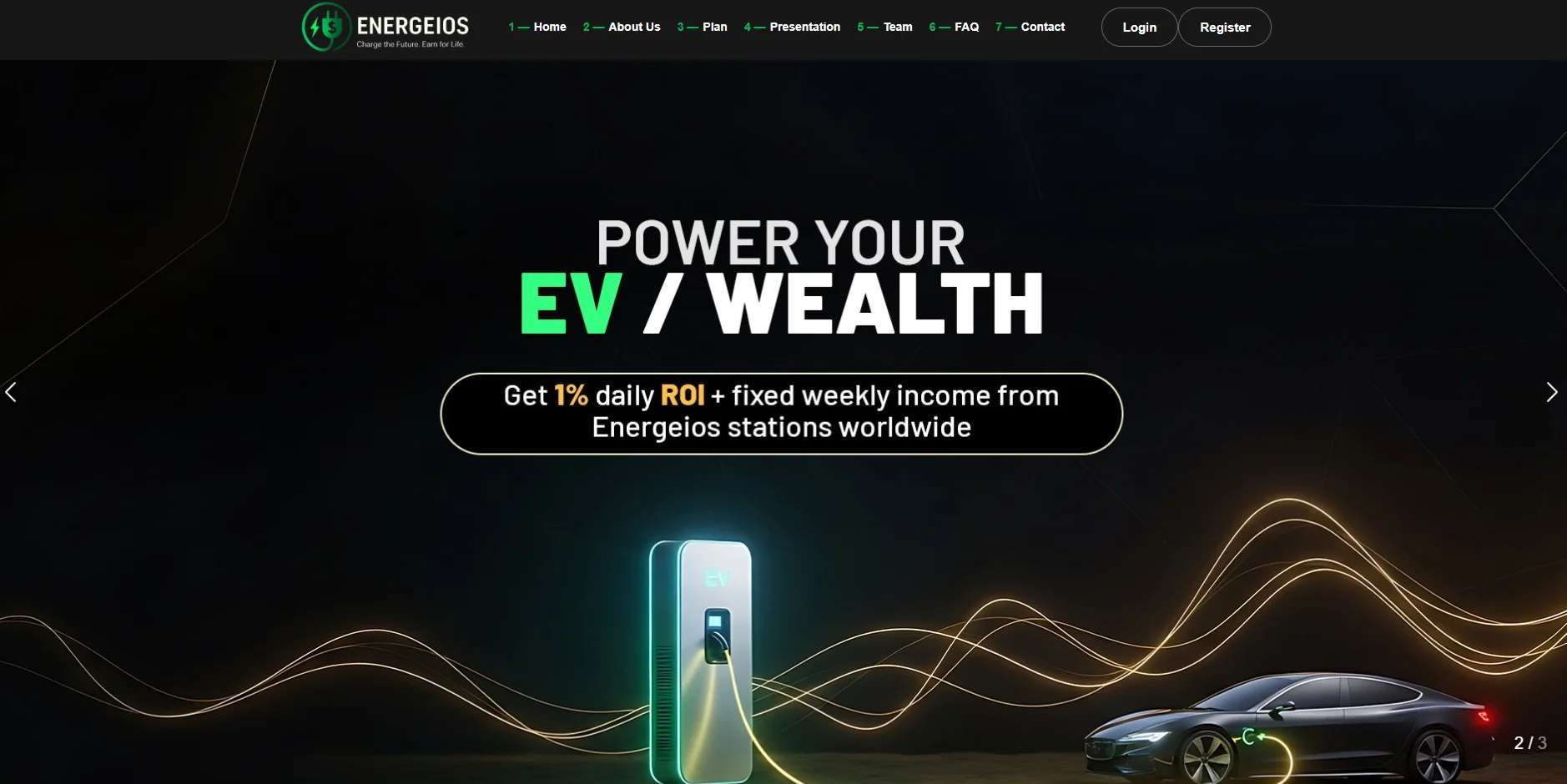 Energeios platform offering 1% daily ROI and fixed weekly income from EV stations worldwide, featuring EV car and charging station.