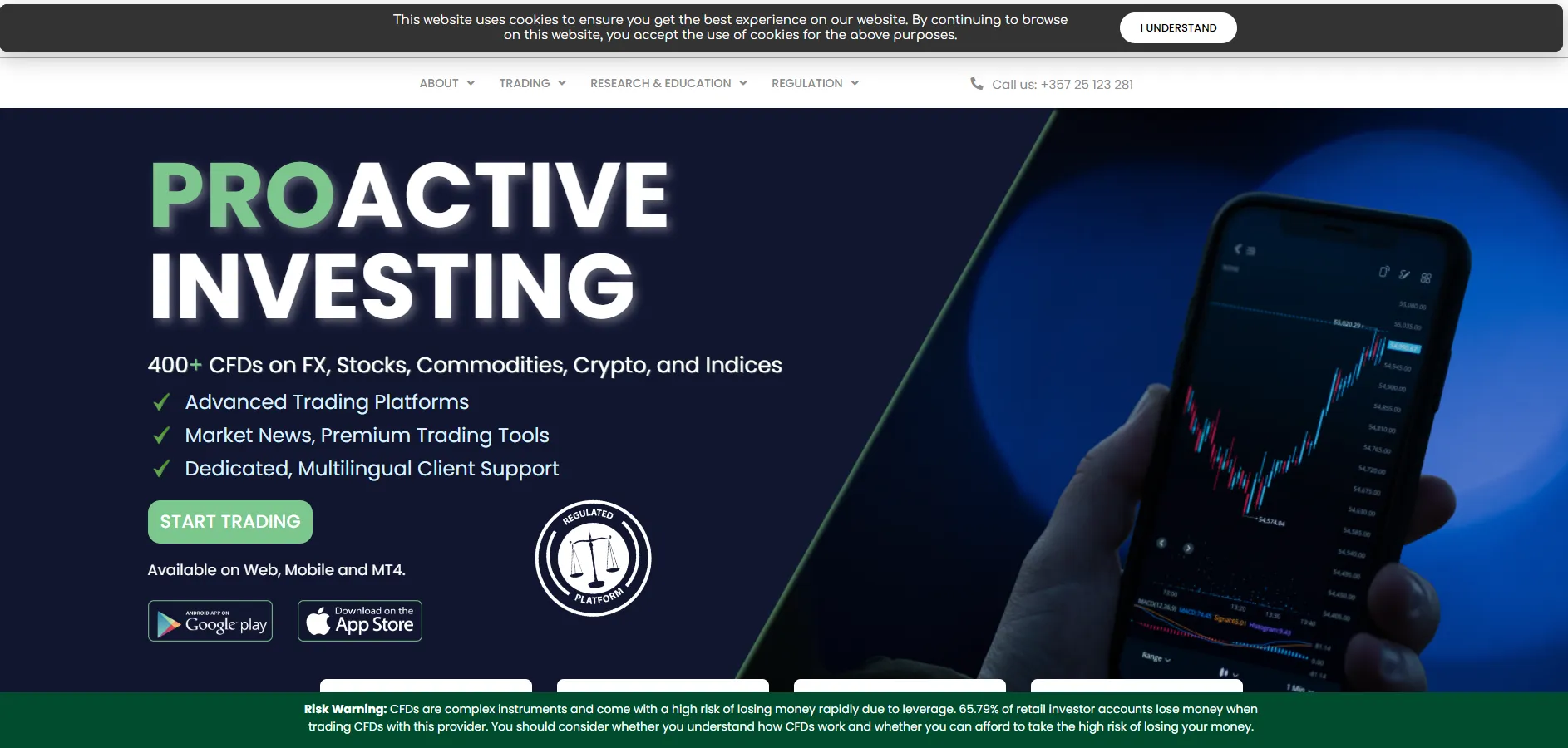 Screenshot of EZ Invest website promoting proactive investing with CFD trading options on forex, stocks, and crypto