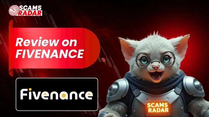 Scams Radar review banner showing Fivenance logo and futuristic character with red digital background