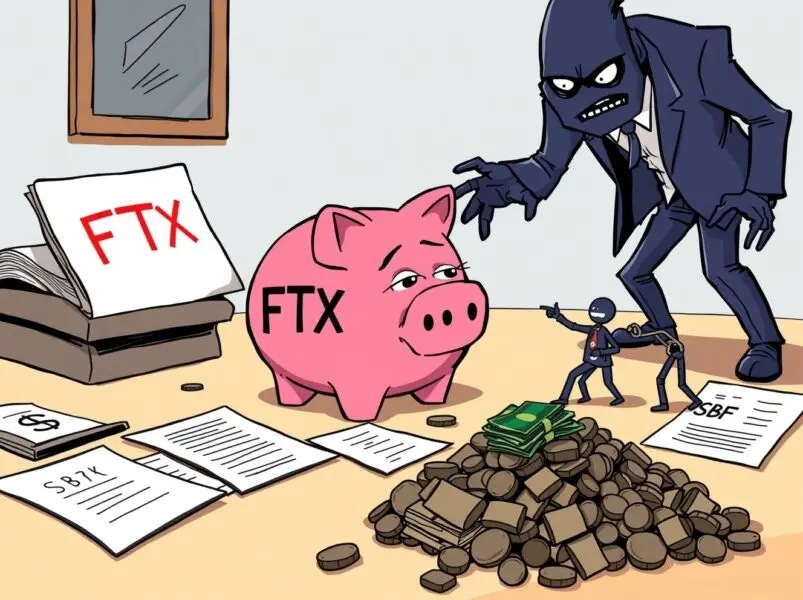 Cartoon showing FTX piggy bank and documents, illustrating SBF’s claim that FTX was never insolvent but faced liquidity issues.