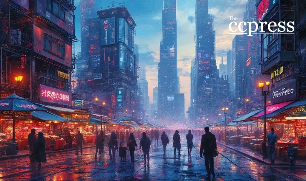Futuristic cityscape with neon lights, tall skyscrapers, and people walking through a busy market street at night