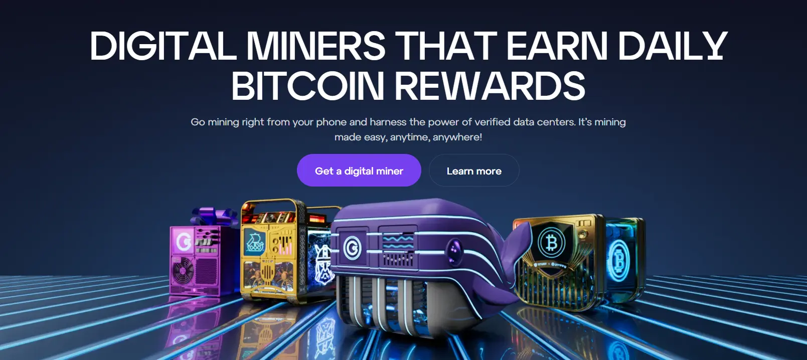 GoMining homepage showing digital miners and daily Bitcoin rewards concept with futuristic mining design