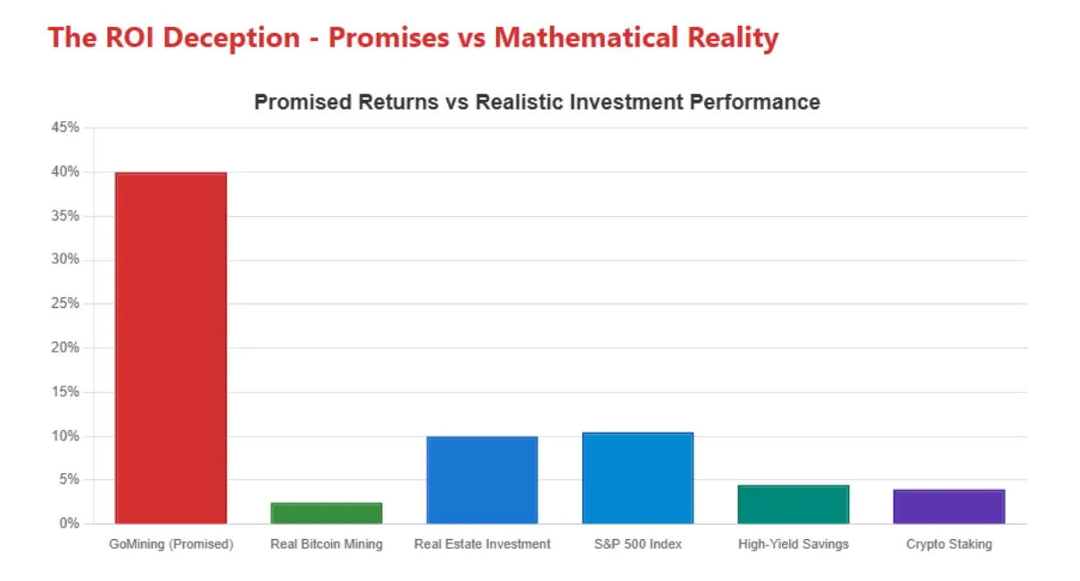 Bar chart comparing GoMining’s promised ROI with realistic investment returns like Bitcoin mining, real estate, and S&P 500
