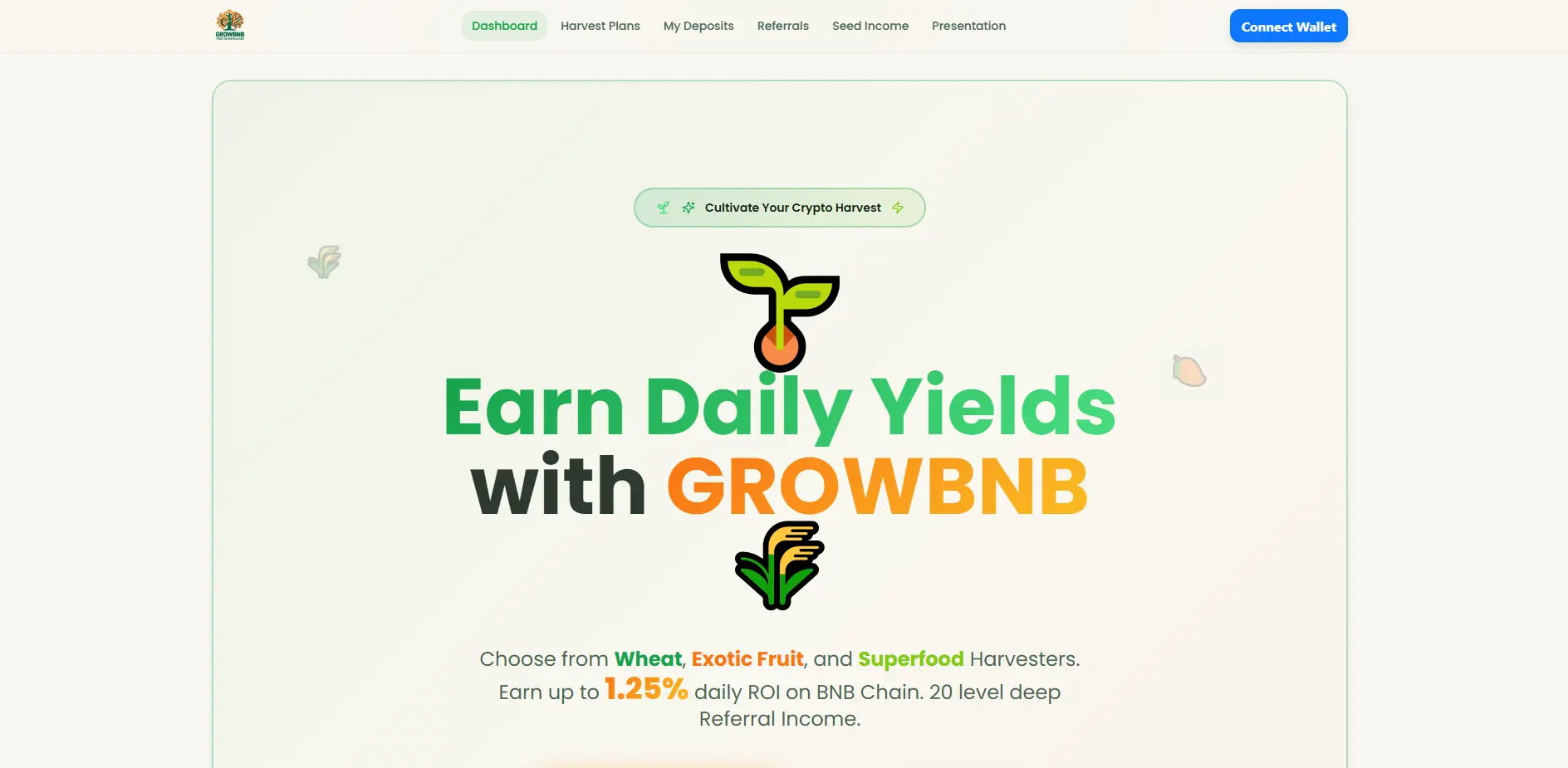 Earn daily yields with GrowBNB offering up to 1.25% ROI on BNB Chain