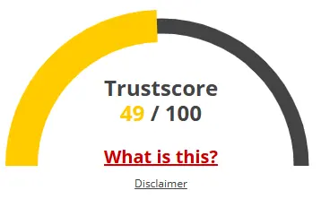 Trustscore gauge showing GrowBNB trust rating of 49 out of 100