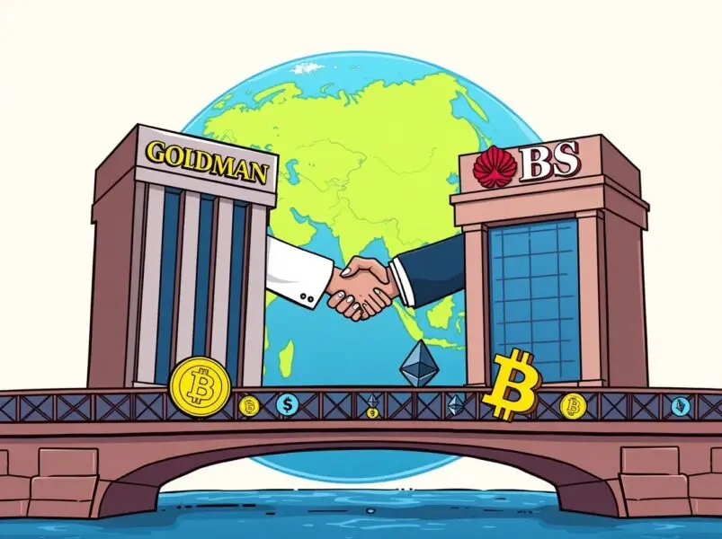 Illustration of Goldman Sachs and DBS partnership symbolizing institutional crypto options trade with Bitcoin and Ethereum icons