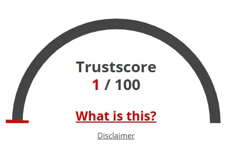 KGF Mine website trust score showing 1 out of 100, indicating high scam risk and very low reliability