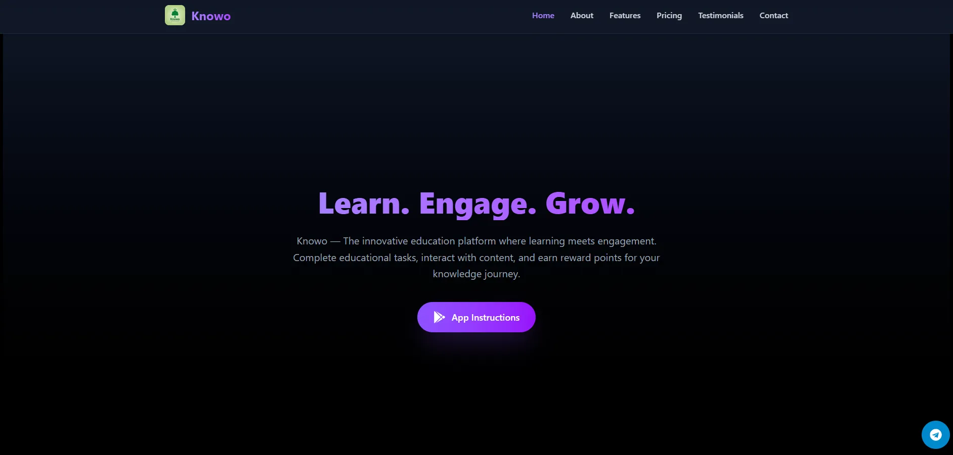 Screenshot of Knowwo website showing Learn Engage Grow tagline for educational engagement platform