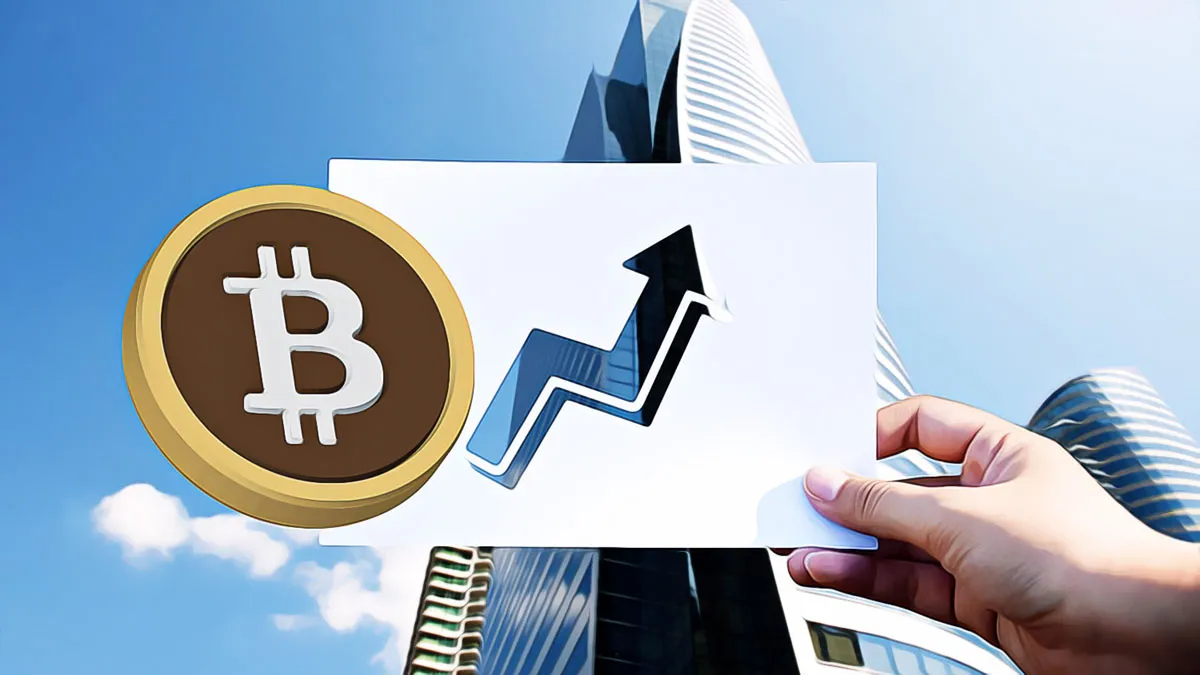 Bitcoin coin symbol held against a modern skyscraper background representing cryptocurrency growth and market trends.