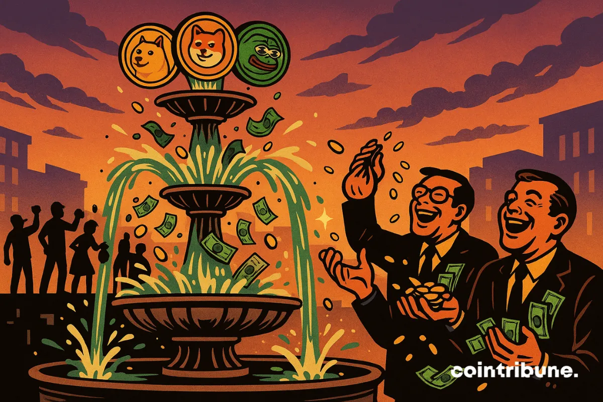 Illustration of the memecoin machine showing Dogecoin, Shiba Inu, and Pepe coins with platforms profiting while retail investors lose