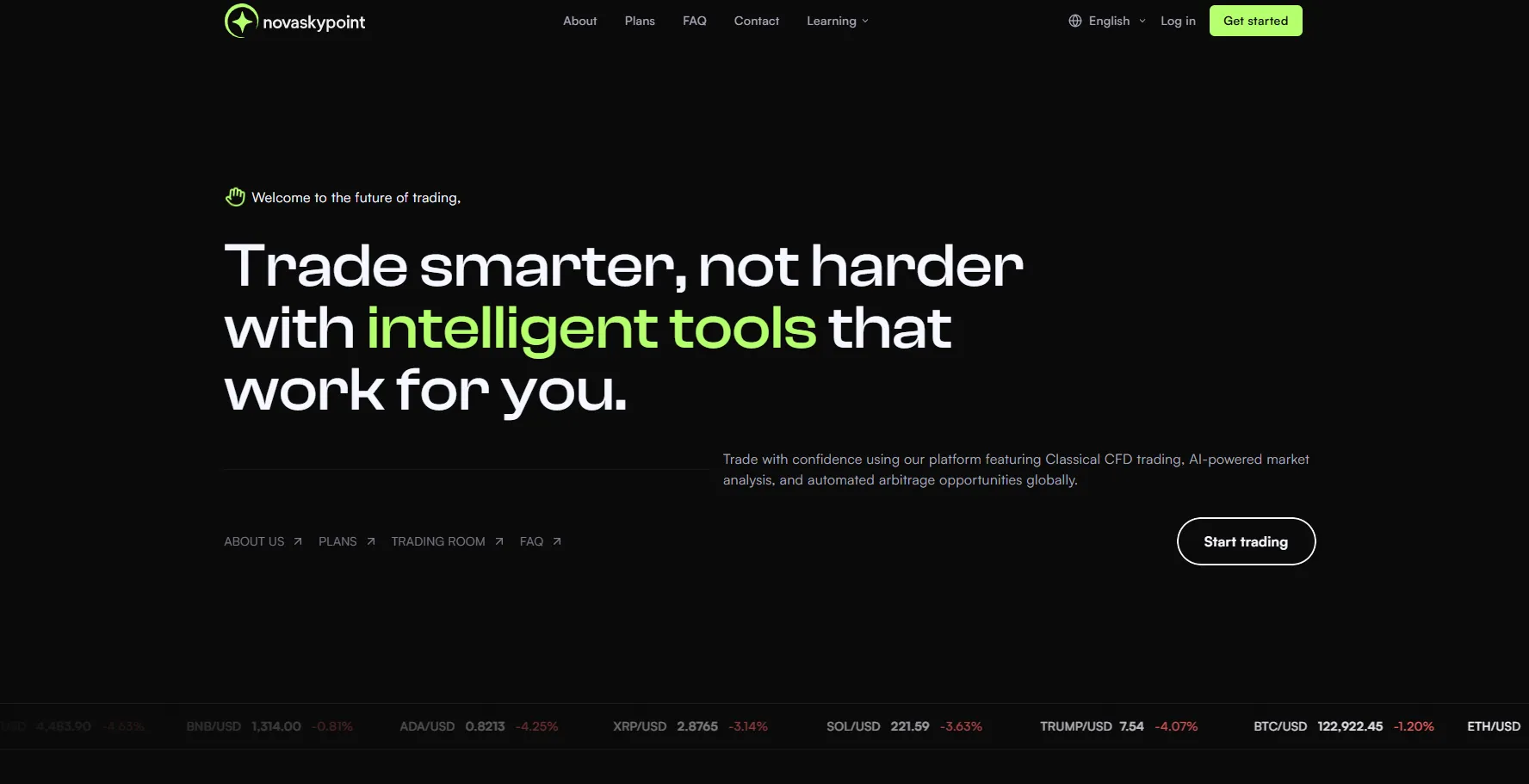 NovaSkyPoint homepage showing AI-powered trading slogan “Trade smarter, not harder” with intelligent tools
