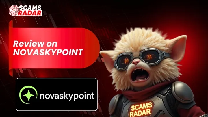 Scams Radar review on NovaSkyPoint platform showing a futuristic character in tech armor