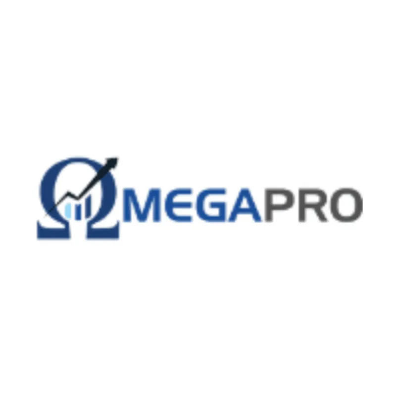 Official OmegaPro logo in blue and gray with upward arrow design
