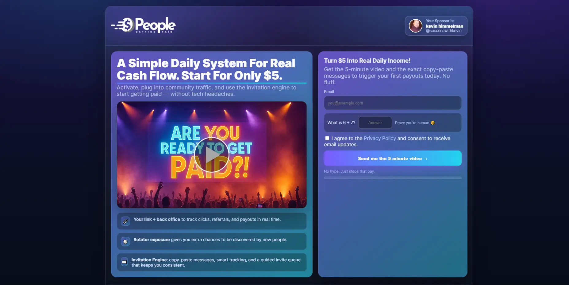 Screenshot of People Getting Paid homepage showing $5 daily income offer and sign-up form