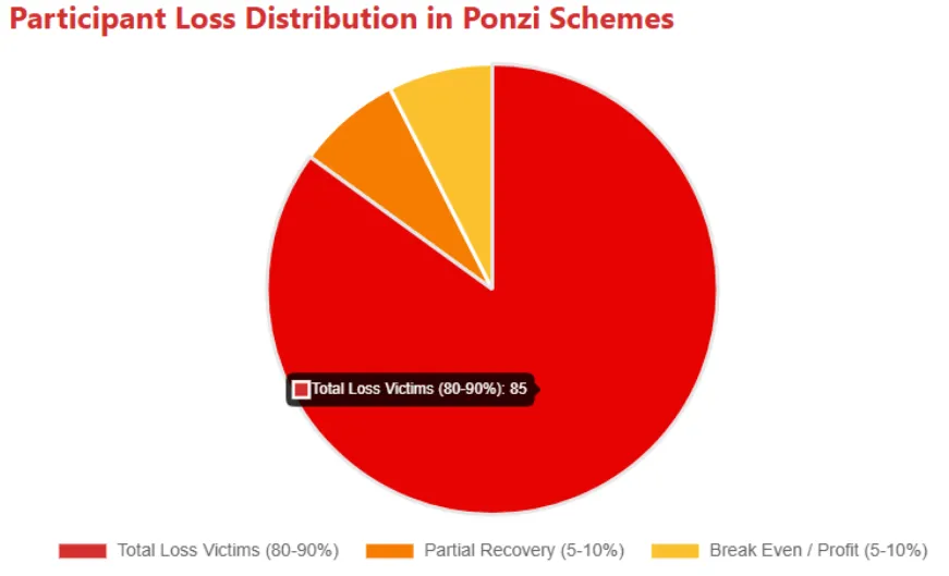 Pie chart showing participant loss distribution in Ponzi schemes with 80-90% total loss victims and small recovery or profit groups