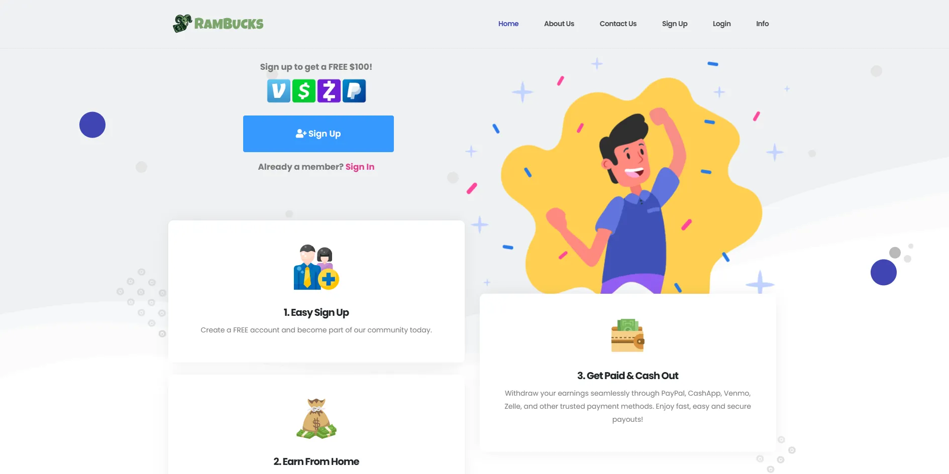 Rambucks Review homepage showing signup bonus, easy signup steps, and payout options via PayPal, Venmo, and Zelle.
