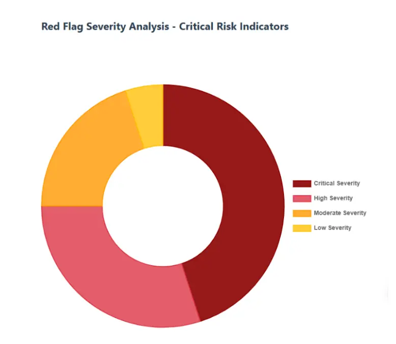 Donut chart showing red flag severity analysis with critical, high, moderate, and low risk indicators in investment reviews.