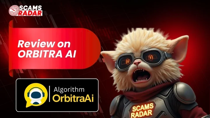 Scams Radar review thumbnail featuring Orbitra AI logo, with a character and financial chart in the background.