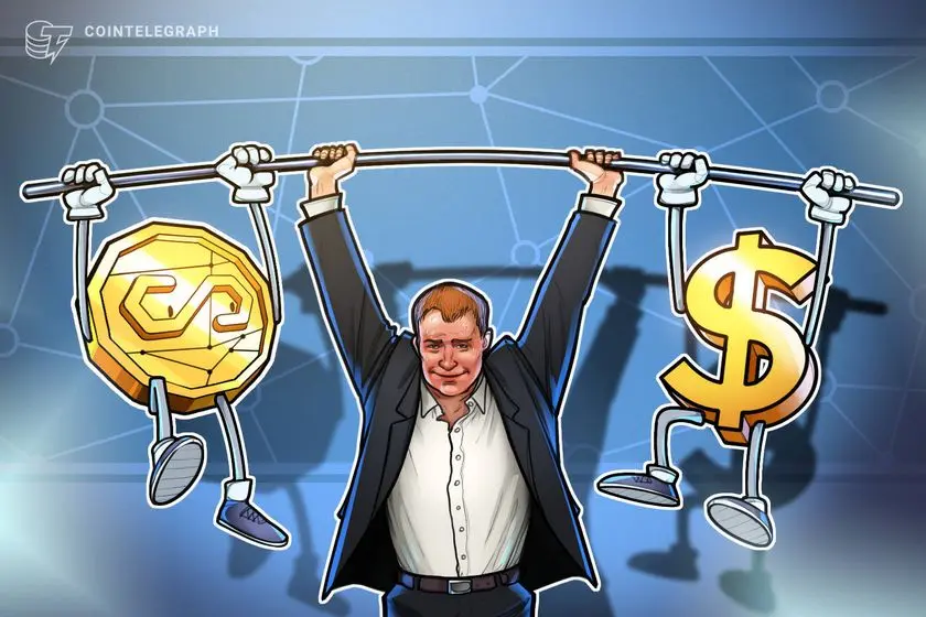 Illustration showing a man lifting symbols of a stablecoin and a dollar, representing Revolut’s 1:1 USD-stablecoin swaps and fintech’s entry into crypto yield.