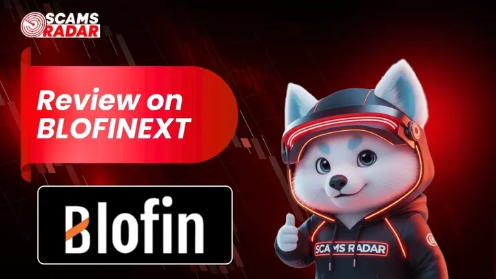 Scams Radar Blofinext review thumbnail featuring mascot and Blofin logo on red trading background