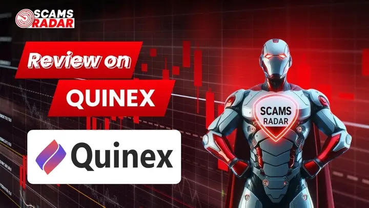 Scams Radar robot presenting Quinex review with trading chart background